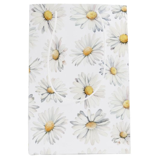 White Daisy Blume Boho Botanische Wasserfarbe Mittlere Geschenktüte (Vorderseite)