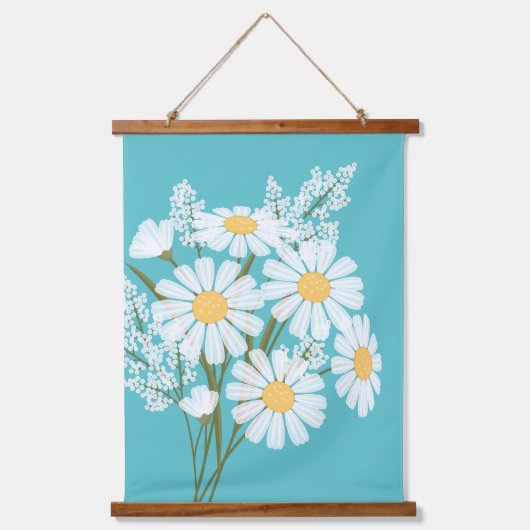 White Daisy Blume Bouquet Aquamarines Set von 3 Wandteppich Mit Holzrahmen (Vorderseite)