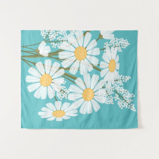 White Daisy Blume Bouquet auf Aquamarin Wandteppich (Vorderseite (Horizontal))