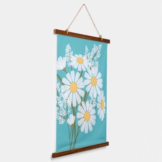 White Daisy Blume Bouquet auf Aquamarin Wandteppich Mit Holzrahmen (Gewinkelt)