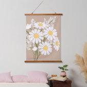 White Daisy Blume Bouquet auf Beige Wandteppich Mit Holzrahmen (Schlafzimmer)