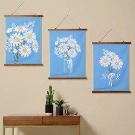 White Daisy Blume Bouquet auf Blue Set von 3 Wandteppich Mit Holzrahmen