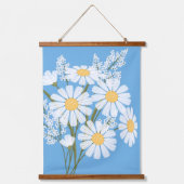 White Daisy Blume Bouquet auf Blue Wandteppich Mit Holzrahmen (Vorderseite)