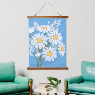 White Daisy Blume Bouquet auf Blue Wandteppich Mit Holzrahmen