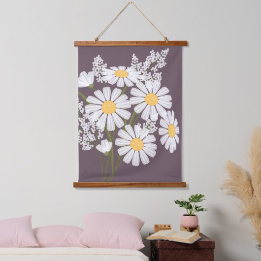 White Daisy Blume Bouquet auf Dunkel Lila Wandteppich Mit Holzrahmen (Schlafzimmer)