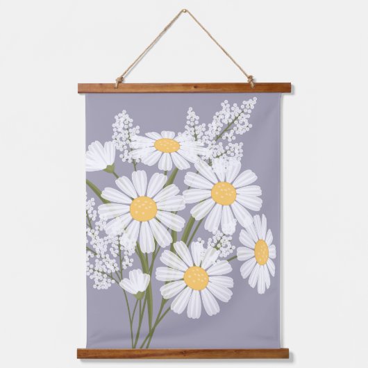 White Daisy Blume Bouquet auf Lavender Wandteppich Mit Holzrahmen (Vorderseite)