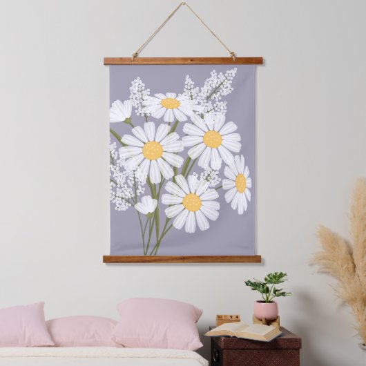 White Daisy Blume Bouquet auf Lavender Wandteppich Mit Holzrahmen (Schlafzimmer)