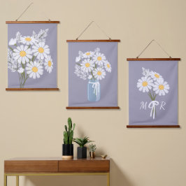 White Daisy Blume Bouquet Lavender Set 3 Wandteppich Mit Holzrahmen