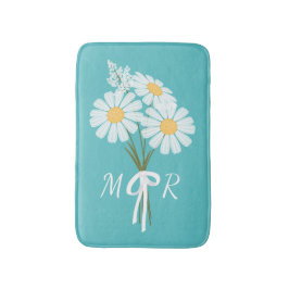 White Daisy Blume Bouquet Monogram auf Aquamarin Badematte