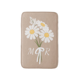 White Daisy Blume Bouquet Monogram auf Beige Badematte