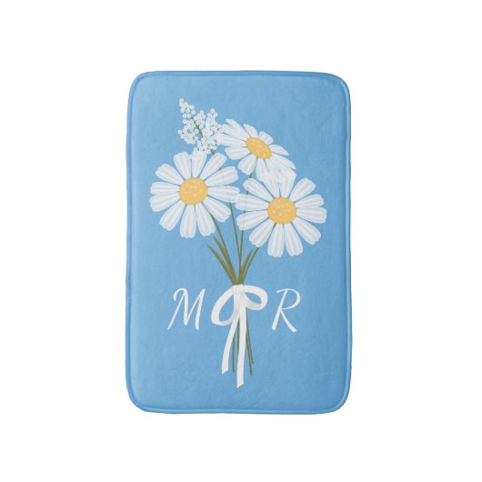 White Daisy Blume Bouquet Monogram auf Blue Badematte (Vorderseite Vertikal)