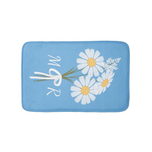 White Daisy Blume Bouquet Monogram auf Blue Badematte (Vorderseite)