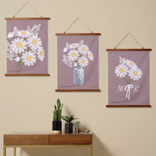 White Daisy Blume Bouquet Rosy Brown Set 3 Wandteppich Mit Holzrahmen (Asymmetrisch)