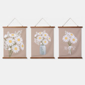 White Daisy Blume Bouquet Rustic Beige Set 3 Wandteppich Mit Holzrahmen (Dreifach)