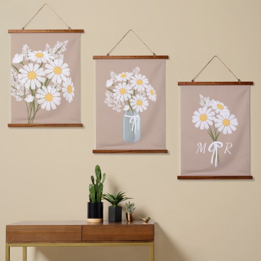 White Daisy Blume Bouquet Rustic Beige Set 3 Wandteppich Mit Holzrahmen (Asymmetrisch)