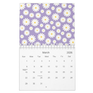 White Daisy Blume Lila Muster 2026 Kalender