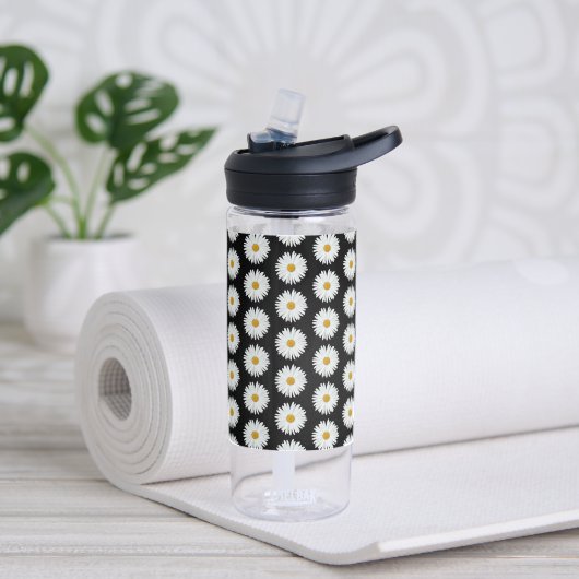White Daisy Blume Pattern auf Black Trinkflasche (Yoga)