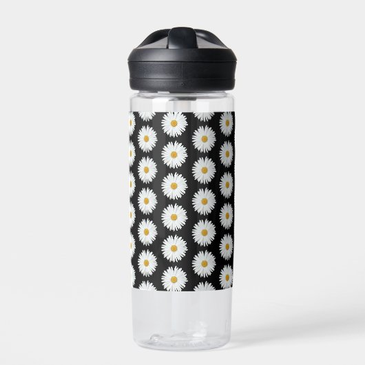 White Daisy Blume Pattern auf Black Trinkflasche (Vorderseite)