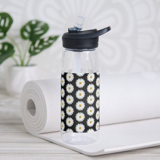 White Daisy Blume Pattern auf Black Trinkflasche (Yoga)