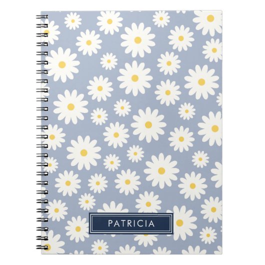 White Daisy Blume Pattern Dusty Blue Personalisier Notizblock (Vorderseite)