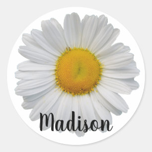 White Daisy Blume Personalisierter Name Runder Aufkleber