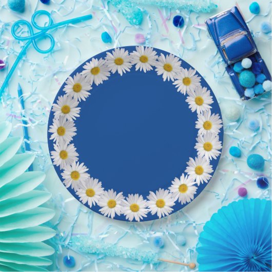 White Daisy Border on Blue Pappteller (Party)