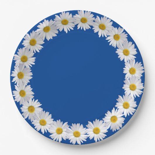 White Daisy Border on Blue Pappteller (Vorderseite)