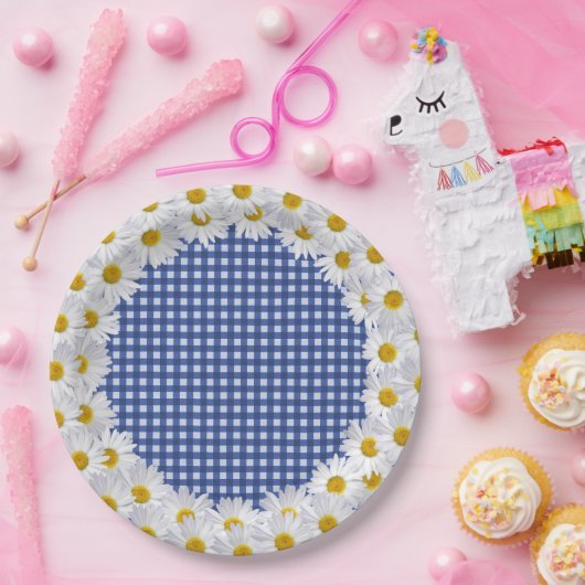White Daisy Border on Gingham Pappteller (Party)