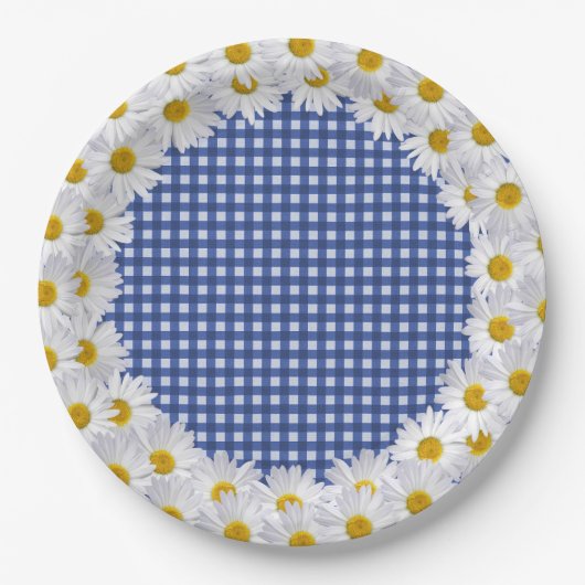 White Daisy Border on Gingham Pappteller (Vorderseite)