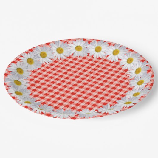 White Daisy Border on Gingham Pappteller (Schrägansicht)