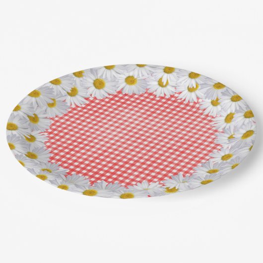 White Daisy Border on Gingham Pappteller (Schrägansicht)