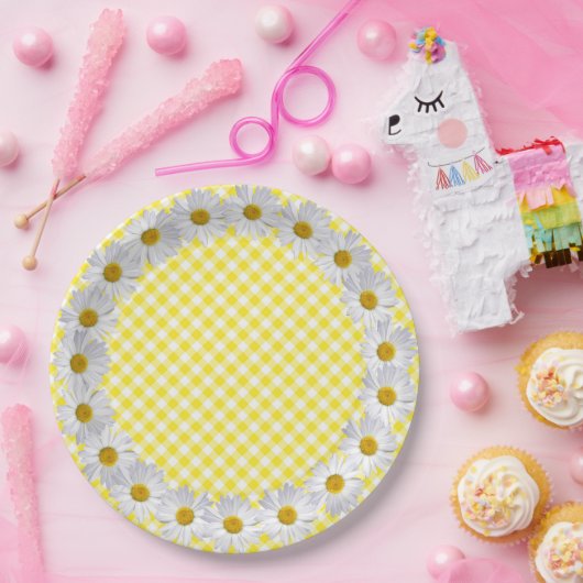 White Daisy Border on Gingham Pappteller (Party)