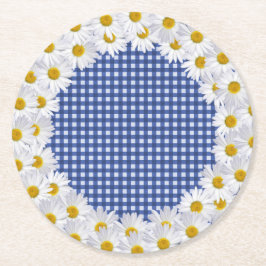 White Daisy Border on Gingham Runder Pappuntersetzer