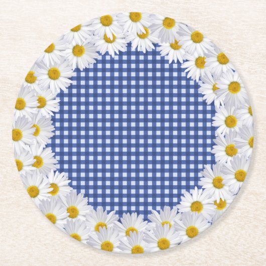 White Daisy Border on Gingham Runder Pappuntersetzer (Vorderseite)