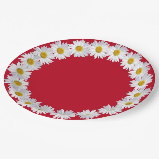 White Daisy Border on Red Pappteller (Schrägansicht)