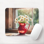 White Daisy Bouquet in Red Pitcher Mousepad (Mit Mouse)