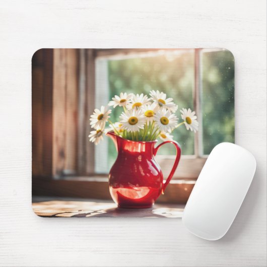 White Daisy Bouquet in Red Pitcher Mousepad (Mit Mouse)
