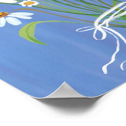 White Daisy Bouquet über Blue Gouache Malerei Art Poster (Ecke)