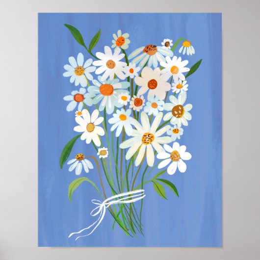 White Daisy Bouquet über Blue Gouache Malerei Art Poster (Vorne)