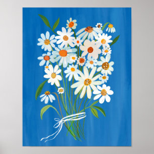 White Daisy Bouquet über Blue Gouache Malerei Art Poster