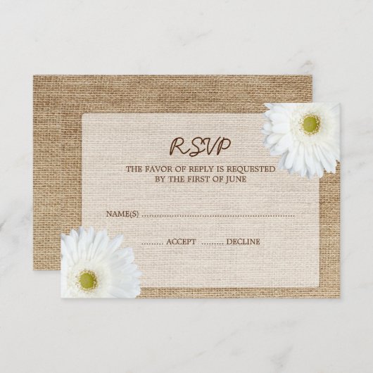 White Daisy Burlap Wedding RSVP Response Card (Vorne/Hinten)