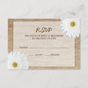 White Daisy Burlap Wedding RSVP Response Card Karte