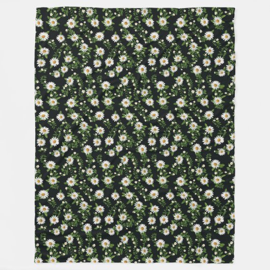 White Daisy Design On Black Fleecedecke (Vorderseite)