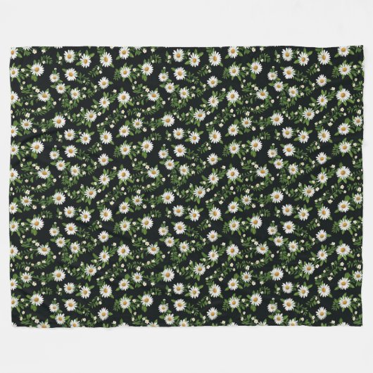 White Daisy Design On Black Fleecedecke (Vorderseite (Horizontal))