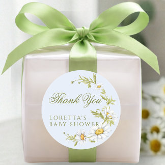 White Daisy Floral Baby Shower Thank You Blue Runder Aufkleber
