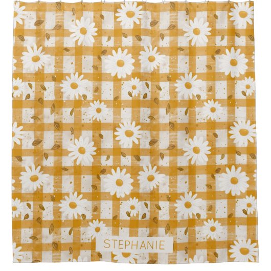White Daisy Floral Pattern on Yellow Gingham (2) Duschvorhang (Vorderseite)