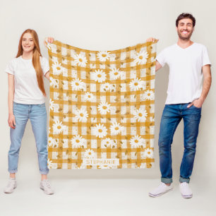 White Daisy Floral Pattern on Yellow Gingham (2) Fleecedecke