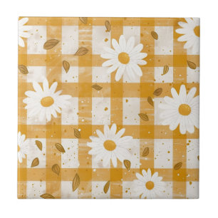 White Daisy Floral Pattern on Yellow Gingham (2) Fliese