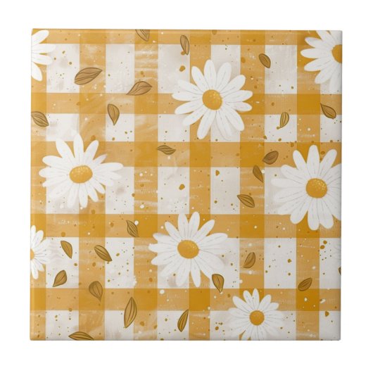 White Daisy Floral Pattern on Yellow Gingham (2) Fliese (Vorderseite)