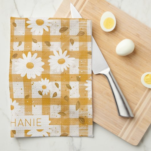 White Daisy Floral Pattern on Yellow Gingham (2) Geschirrtuch (Viertel Falte)
